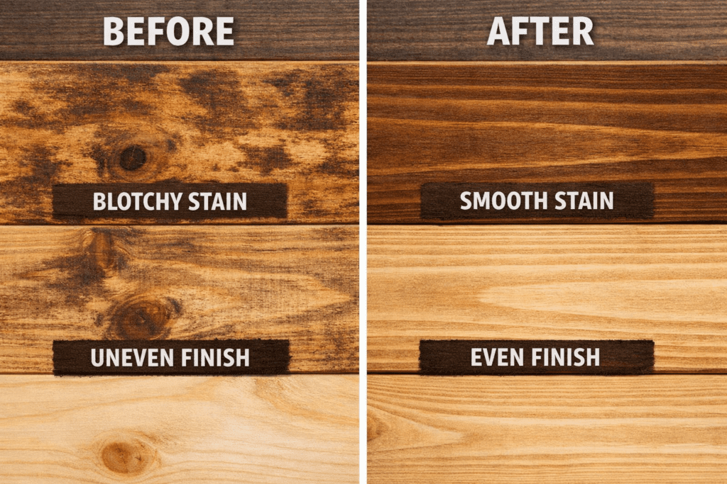 Pine wood before and after staining showing blotchy vs smooth finish using proper prep