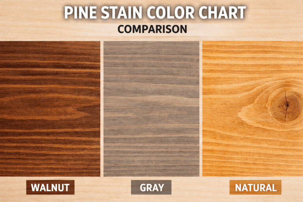 Pine wood stain color chart showing walnut, gray, and natural finishes