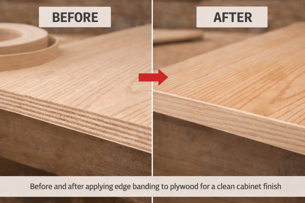 Before and after applying edge banding to plywood for a clean cabinet finish