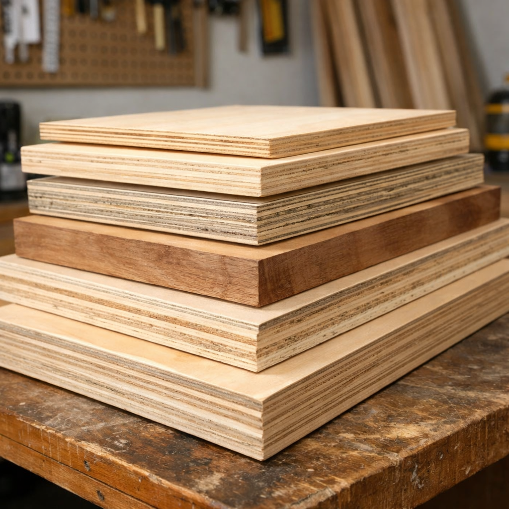 stack of plywood sheets showing different plywood thickness sizes