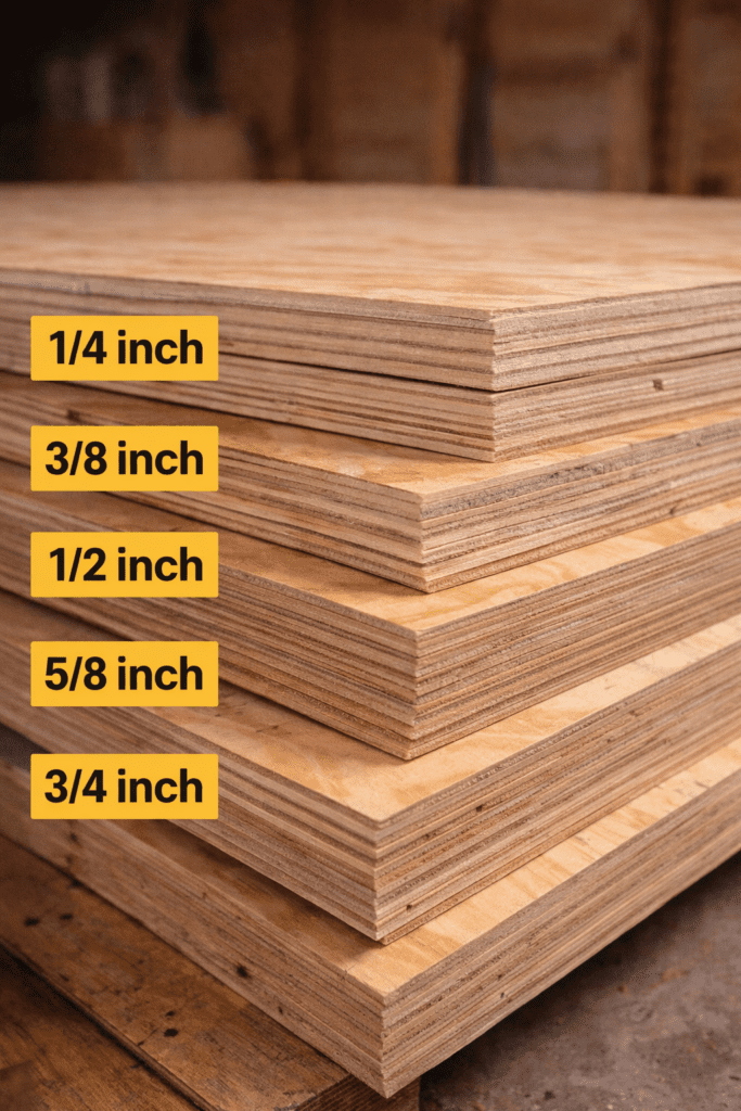 plywood thickness comparison showing 1/4 1/2 and 3/4 inch plywood sheets