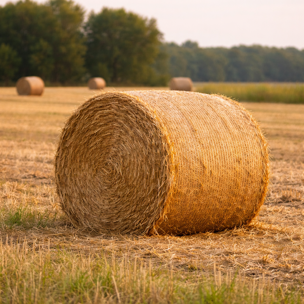 round hay bale sitting in farm field used as inspiration for hunting blind