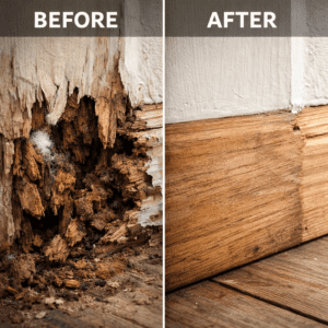 rotted wood damage before and after repair showing decay and restored timber