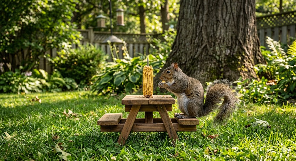 Squirrel eating corn at a miniature picnic table in a backyard