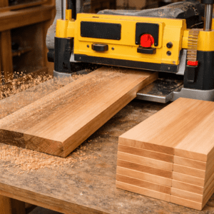 Wood planer smoothing rough lumber into flat finished boards with clean surface and visible wood grain