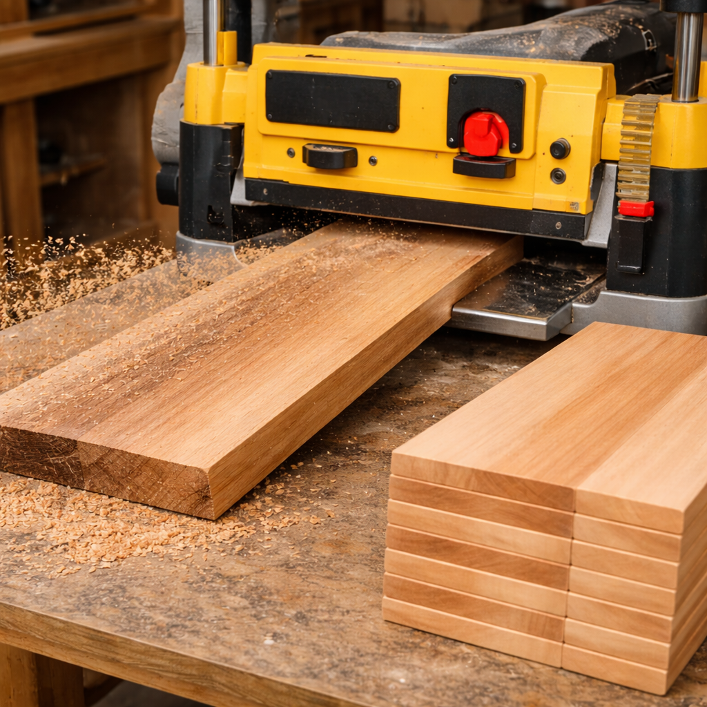 Wood planer smoothing rough lumber into flat finished boards with clean surface and visible wood grain