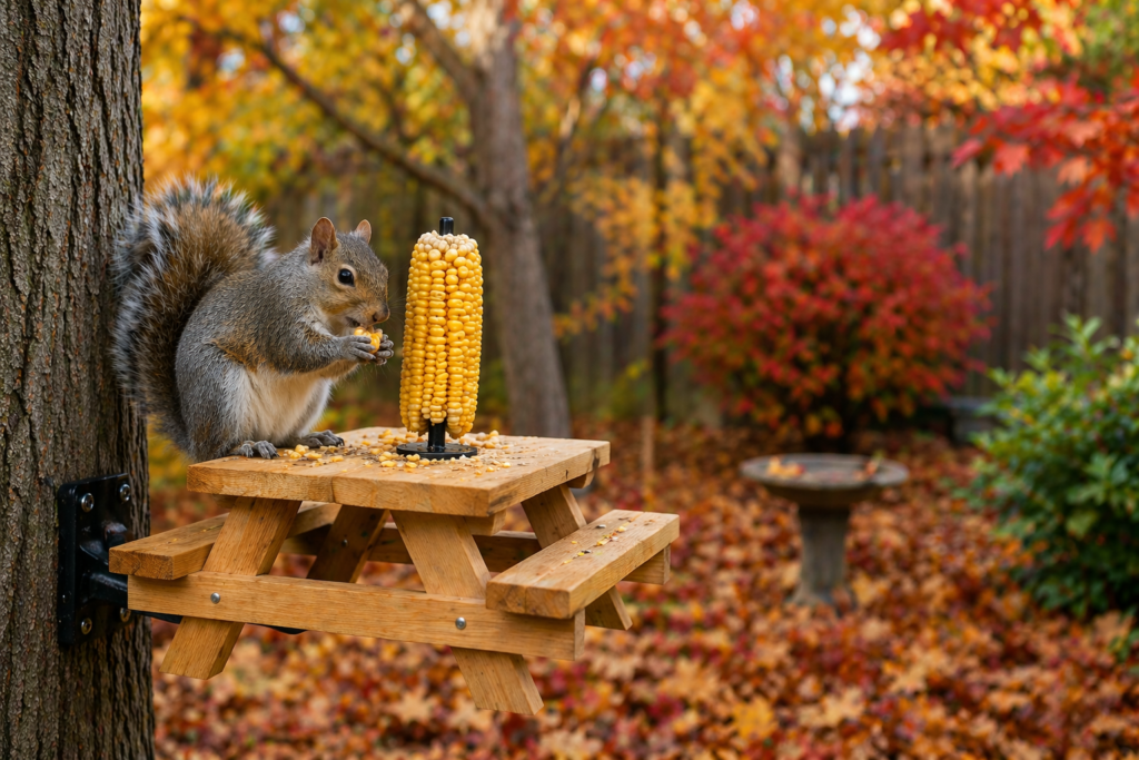 A more advanced squirrel picnic table featuring a small roof, two feeding points, and a raised mounting position on a tree trunk.