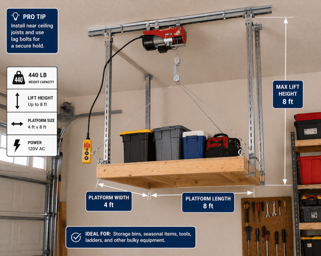 DIY attic lift with safety pin, edge lip, and sealed ceiling opening