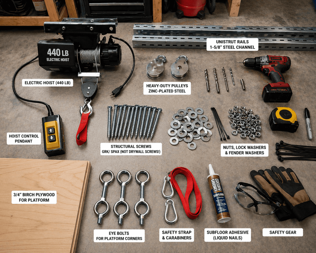 Tools and hardware for building a DIY attic lift system