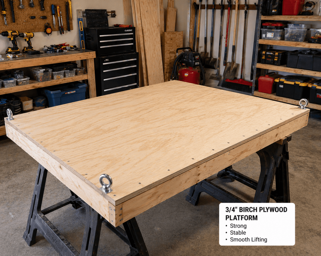 3/4-inch birch plywood platform for DIY attic lift build