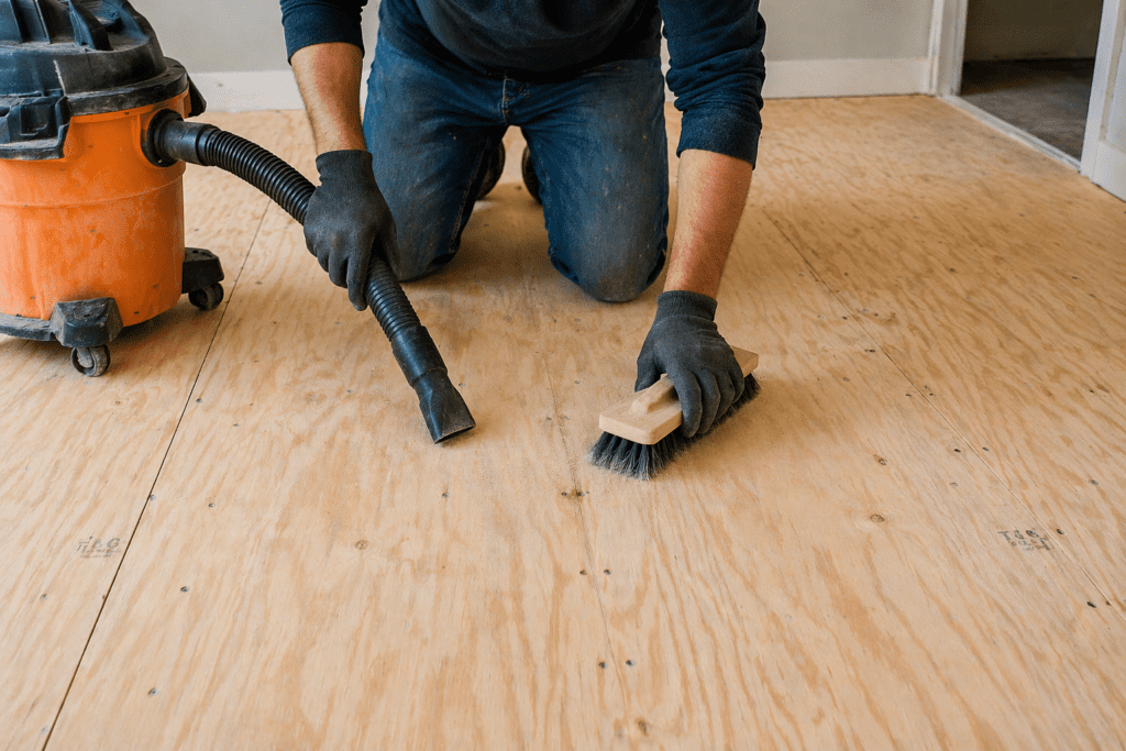 Cleaning plywood subfloor before applying thinset mortar