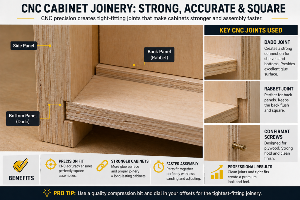 close up of CNC cabinet joinery showing dado and rabbet joints in plywood cabinet construction