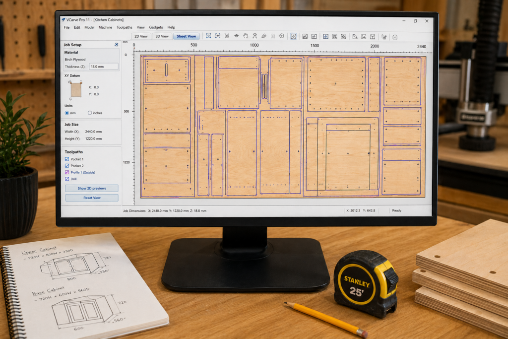 CNC cabinet nesting layout in CAD software showing optimized plywood sheet cutting