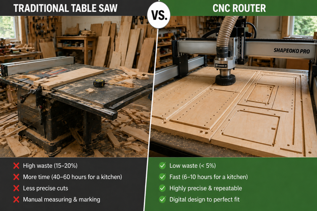 comparison of traditional table saw vs CNC router cutting cabinet panels showing waste and precision differences