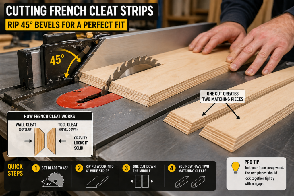 Cutting plywood at 45 degree angle for french cleat strips