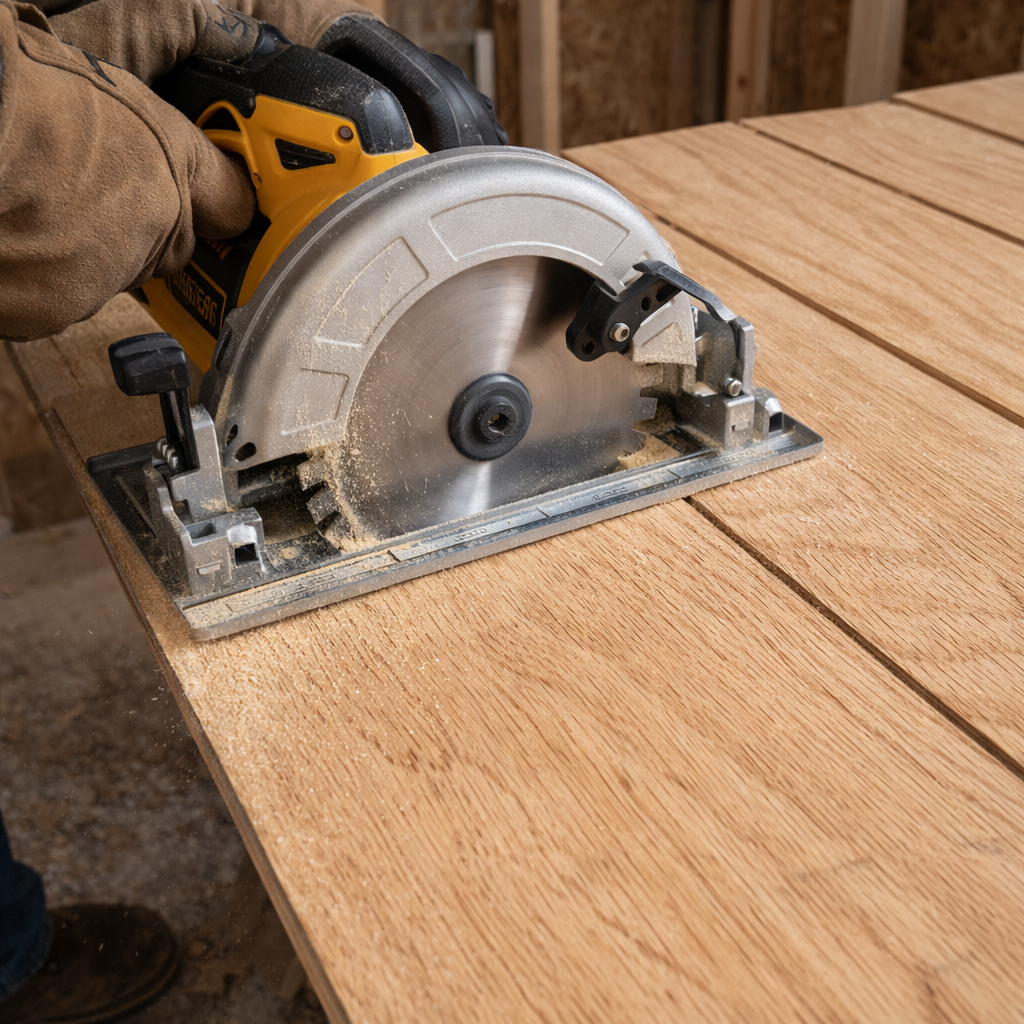 Cutting T1-11 siding with a circular saw using a fine-tooth blade for clean edges