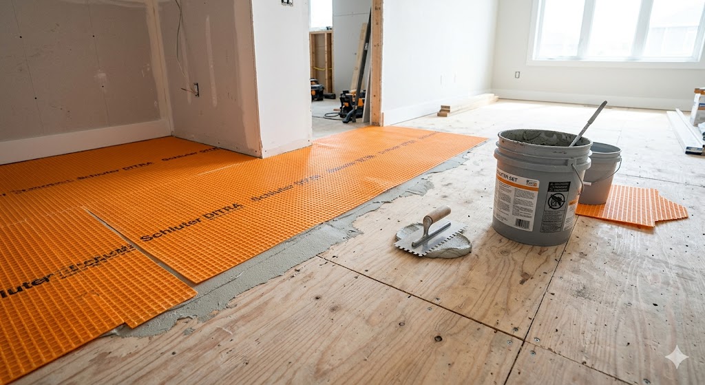 Installing Schluter Ditra over plywood subfloor before tile installation