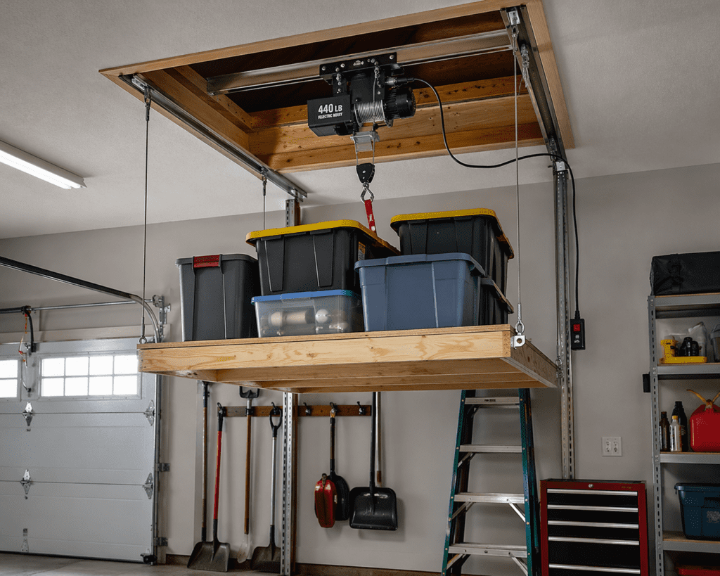 DIY attic lift platform lowering through garage ceiling opening