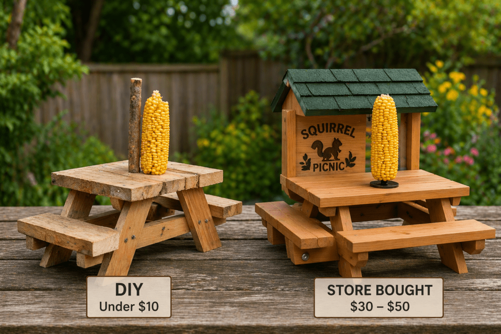 DIY squirrel picnic table next to store bought squirrel feeder