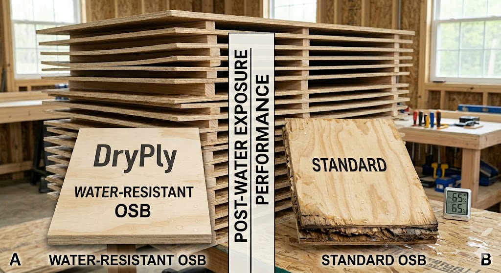 DryPly vs standard plywood water absorption comparison showing reduced swelling
