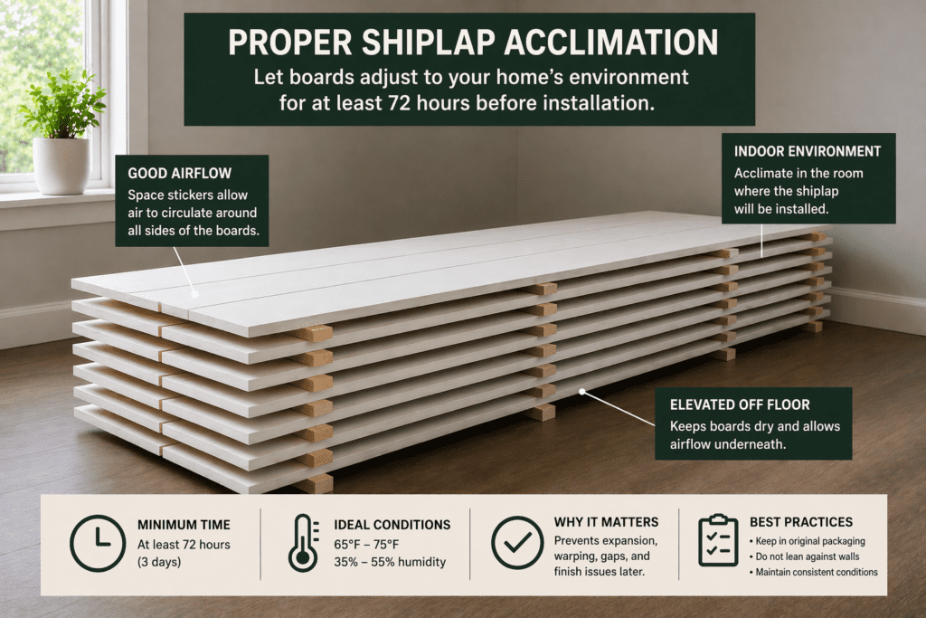 Finished painted shiplap accent wall with clean lines and trim