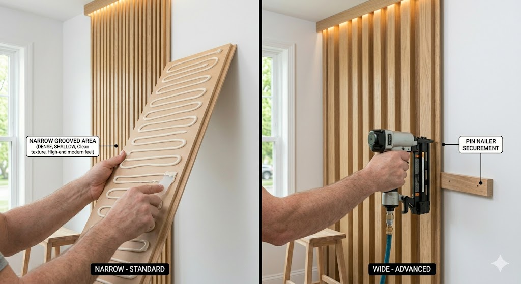installing fluted wood panels adhesive and pin nailer