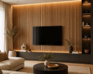 fluted wood panels accent wall modern interior vertical grooves oak