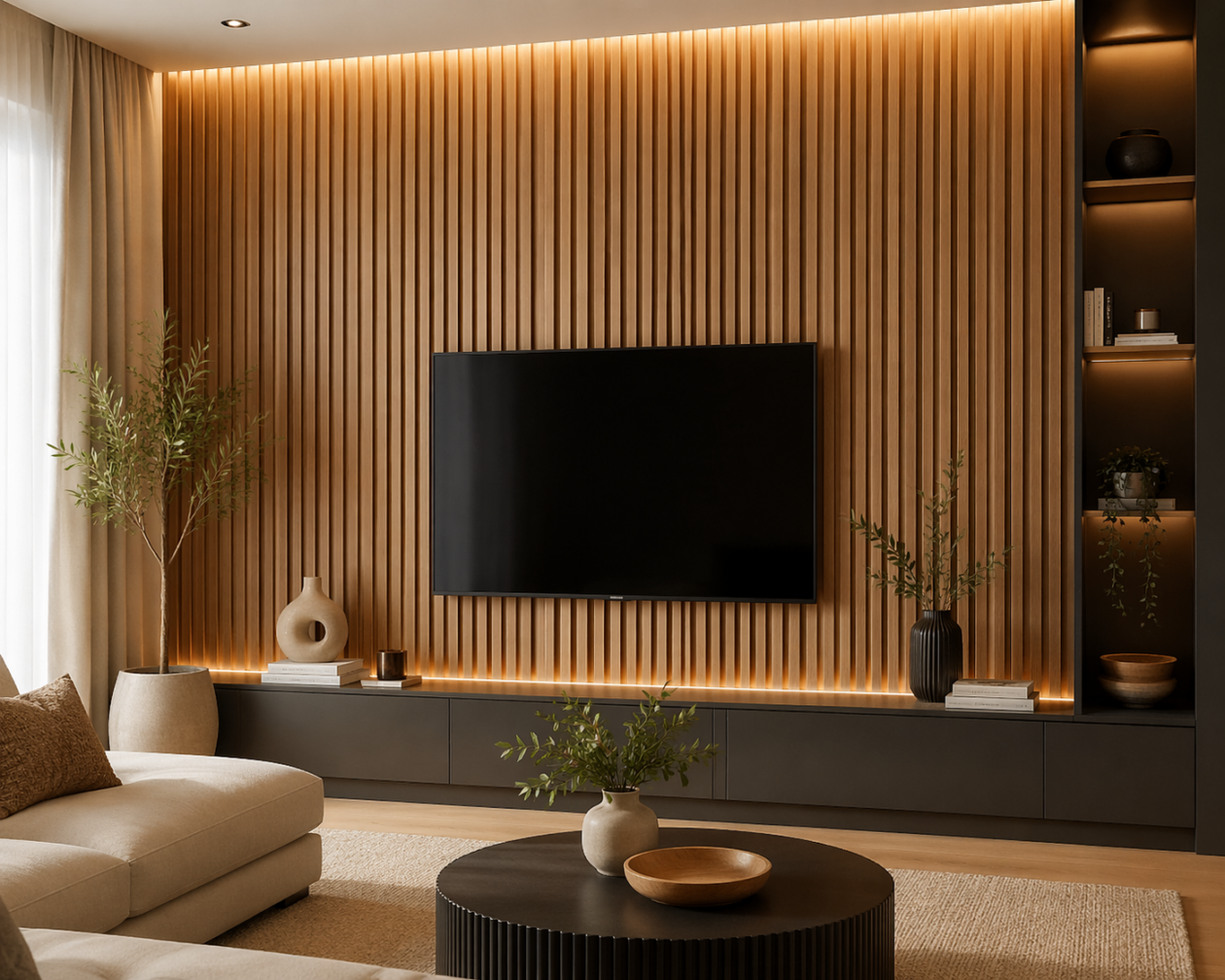 fluted wood panels accent wall modern interior vertical grooves oak