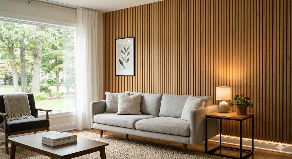 fluted wood panels accent wall modern living room vertical grooves