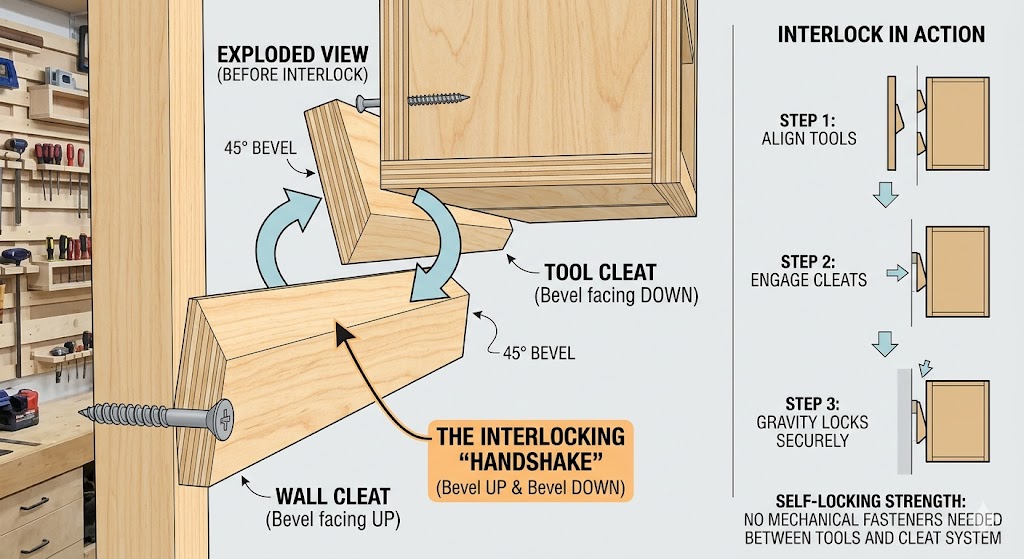 French cleat diagram showing 45 degree beveled wood pieces interlocking