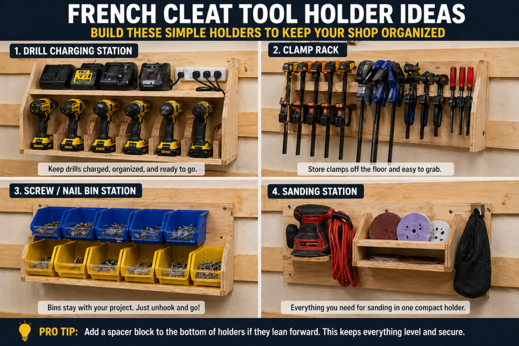 French cleat tool holders including drill station clamp rack and storage bins