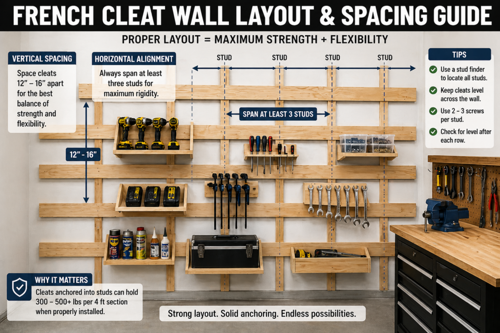 French cleat wall layout with evenly spaced rows for tool organization