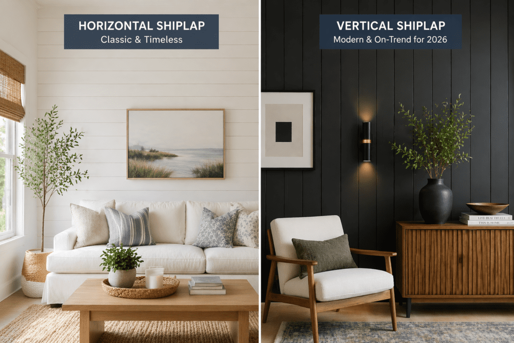 Smooth shiplap board next to rough sawn shiplap board close-up