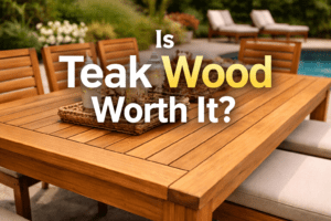 Teak wood outdoor patio furniture set showing rich golden color and durability in backyard setting