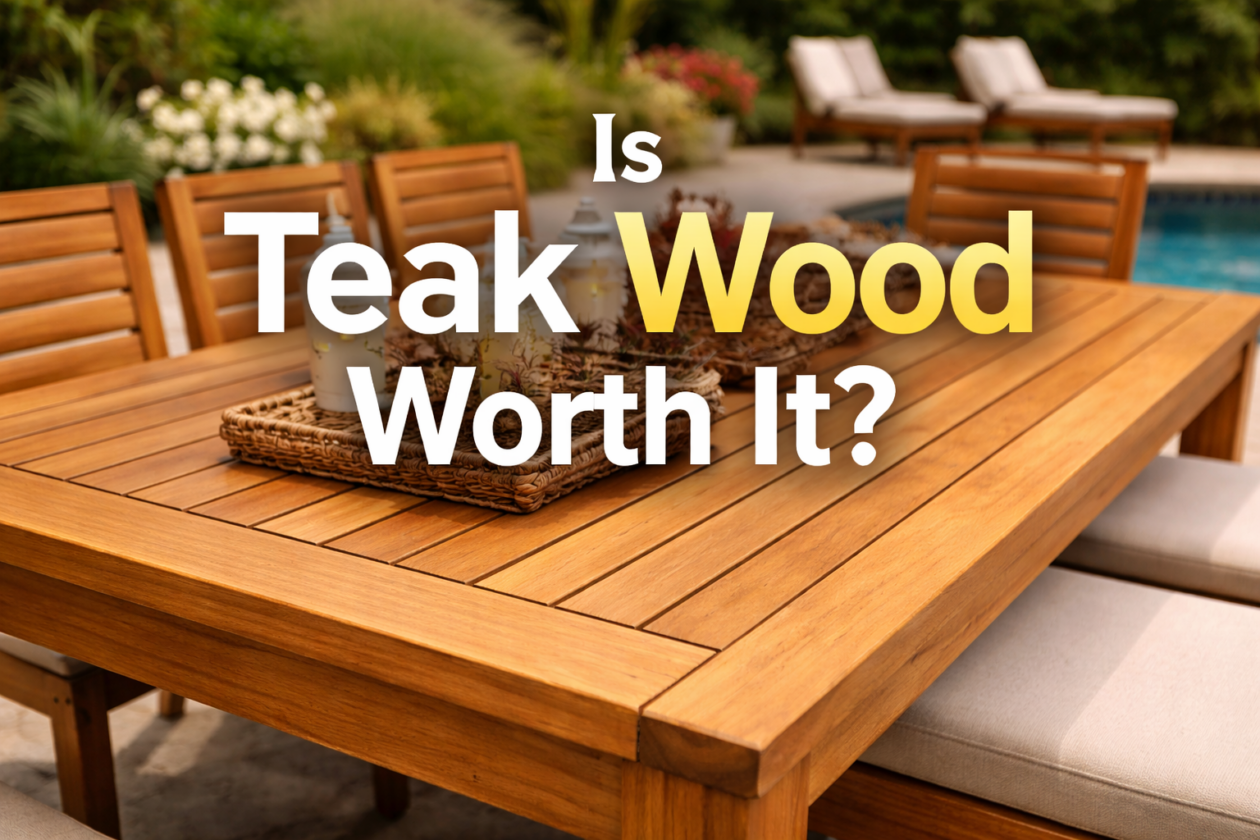 Teak wood outdoor patio furniture set showing rich golden color and durability in backyard setting