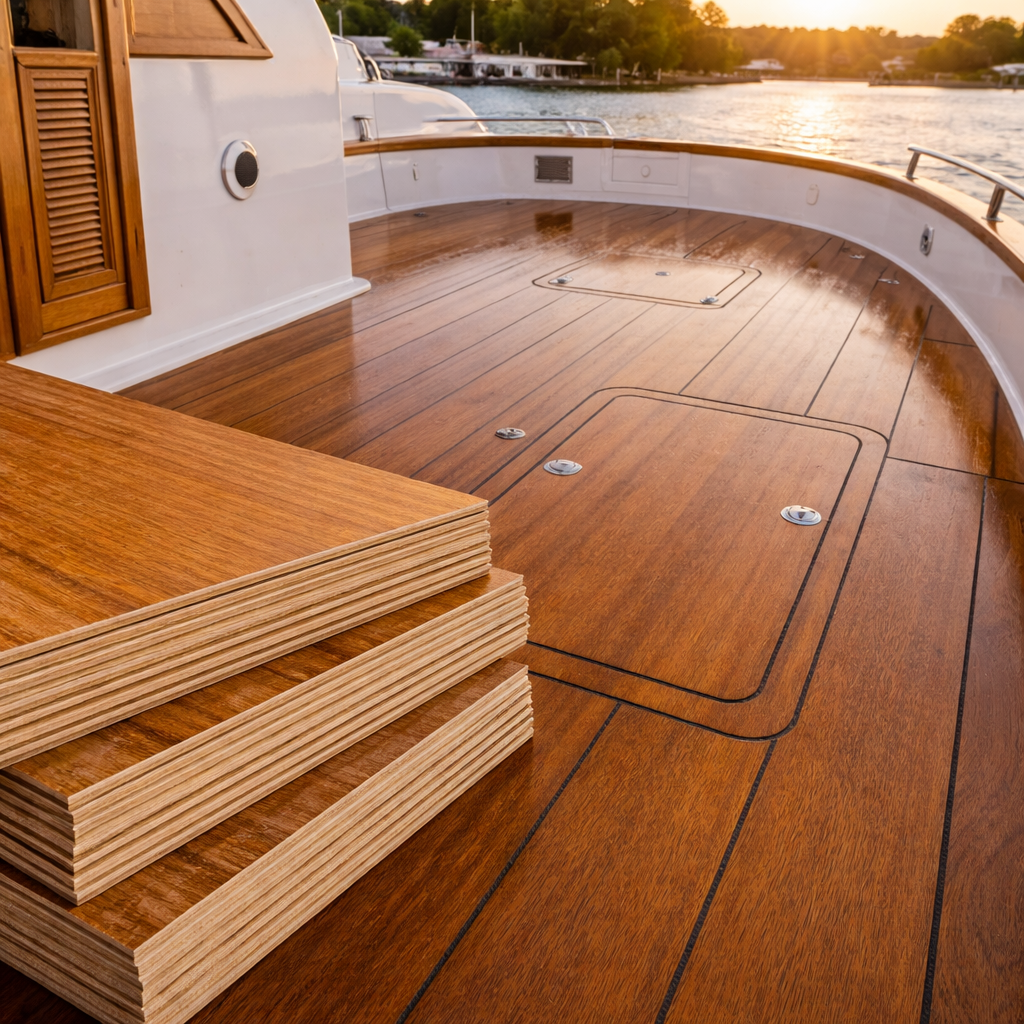 Marine grade plywood used on a waterproof boat deck with smooth finished surface and no core voids