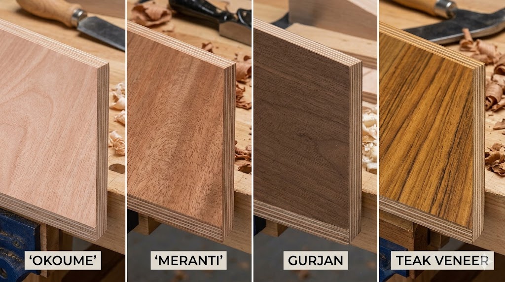 Comparison of Okoume, Meranti, and Douglas Fir marine plywood grain