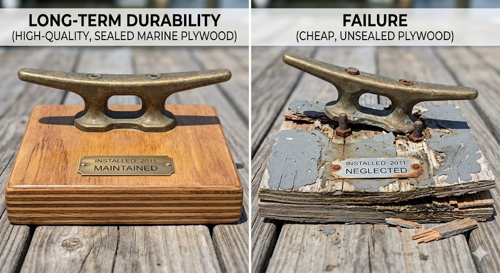 Rotted plywood deck compared to durable marine plywood installation