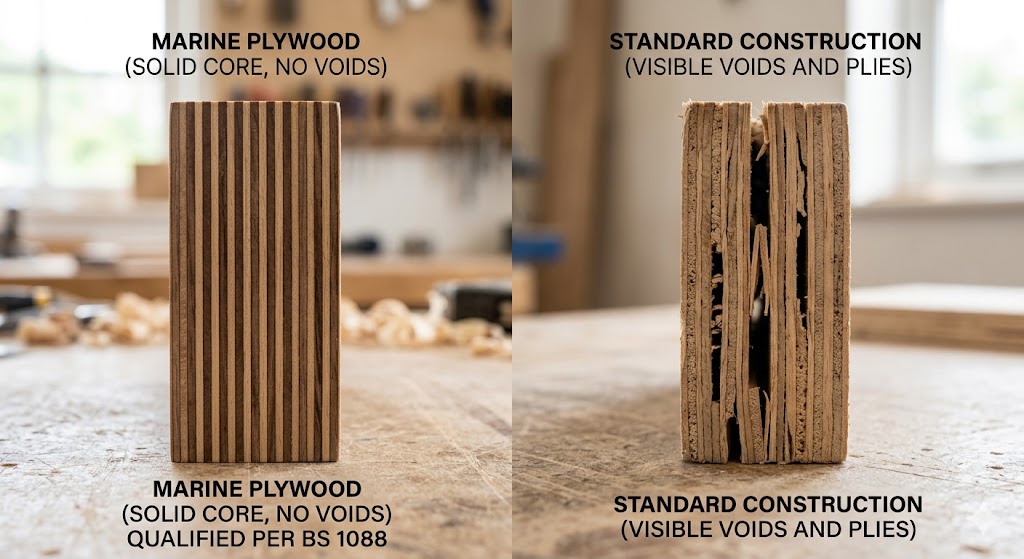 Comparison of marine plywood vs standard plywood showing void-free core
