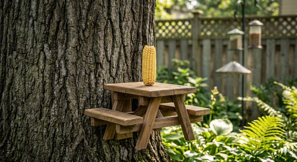 Close-up of a wooden squirrel picnic table with corn attached