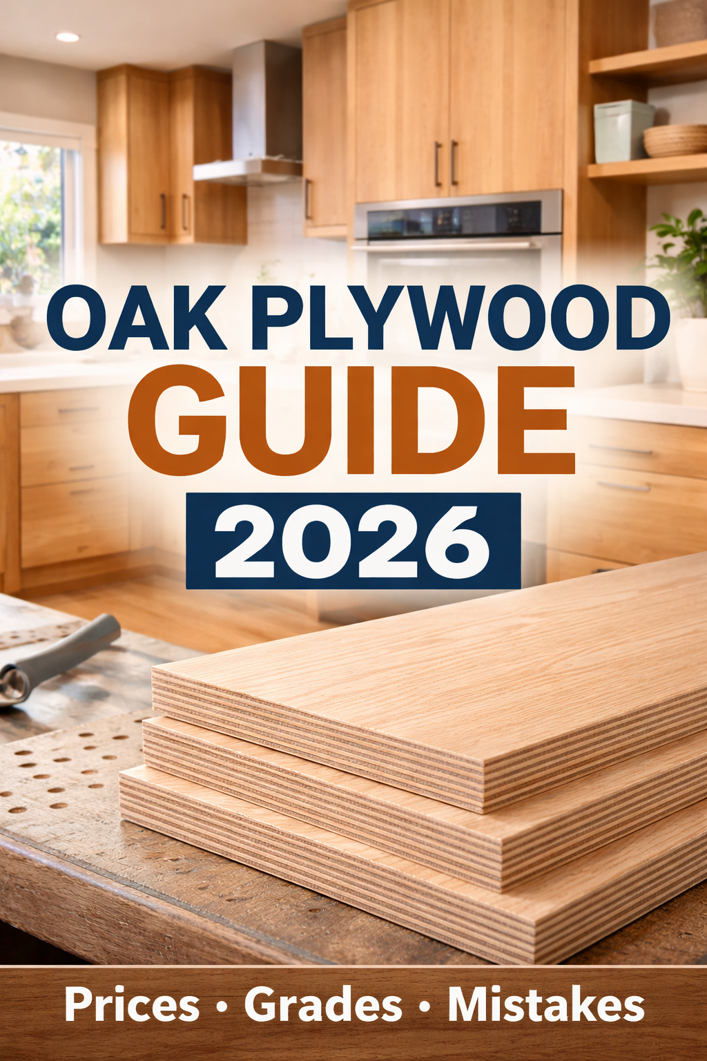 Oak plywood sheets stacked on a workbench with modern kitchen cabinets in the background