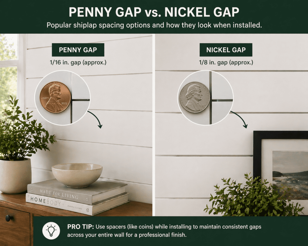 Penny spacer and nickel gap spacer used during shiplap installation