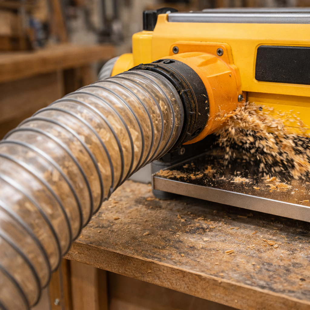 Wood planer connected to dust collection system removing wood chips