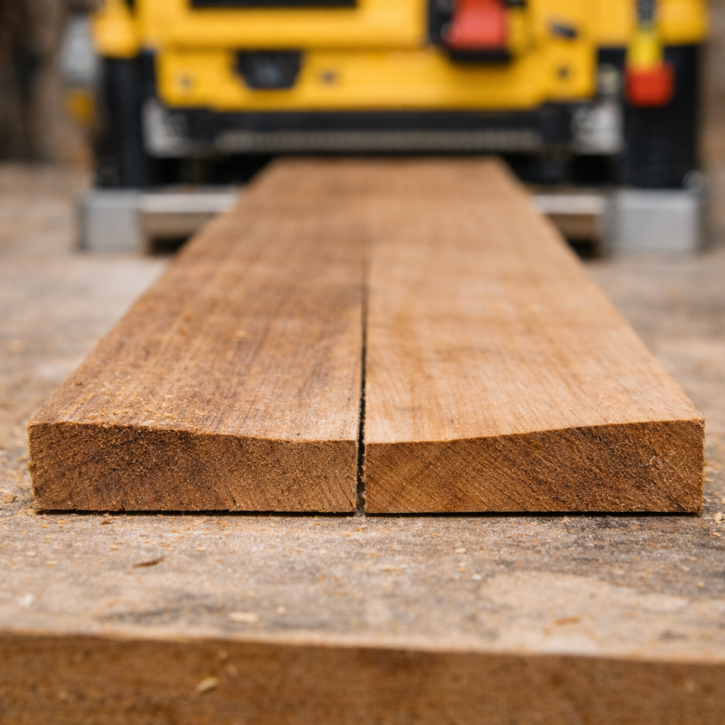 Close-up of wood board showing snipe marks at the ends from planer
