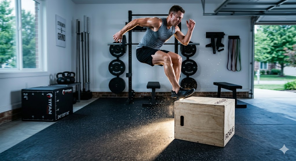 athlete performing plyo box jump explosive power training