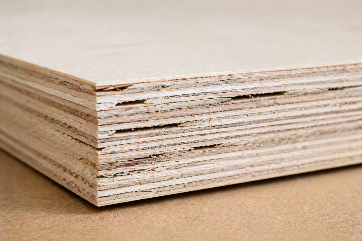 Close-up of plywood edge showing multiple plies and visible internal voids indicating lower sheet quality