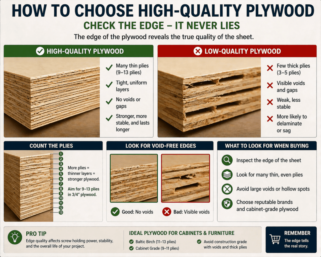 Plywood edge showing voids and ply count used to determine sheet quality