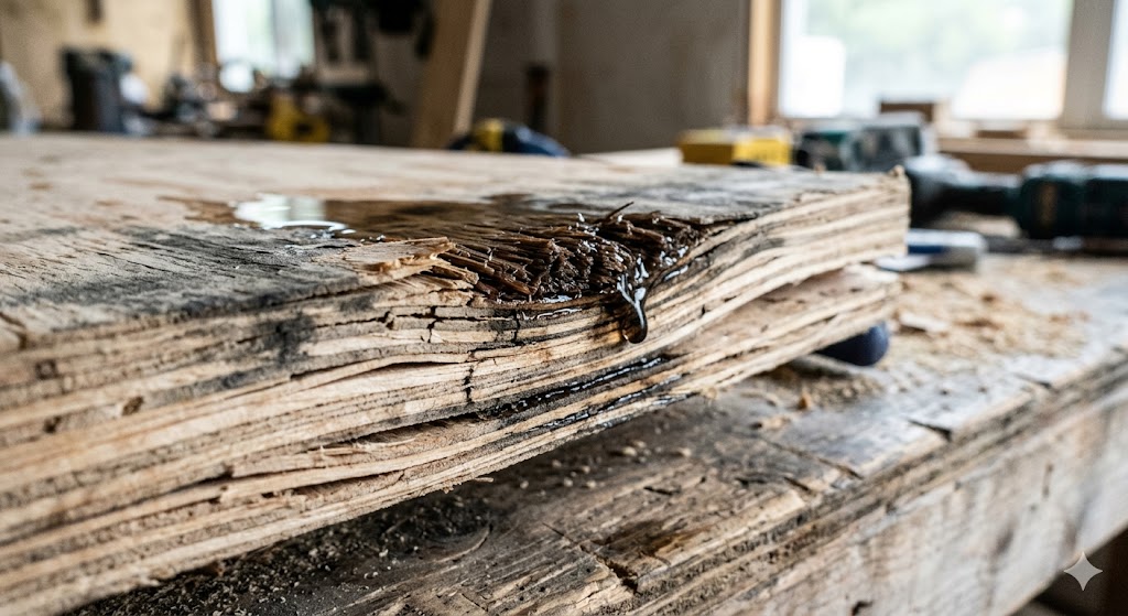 damaged plywood edges showing swelling and delamination