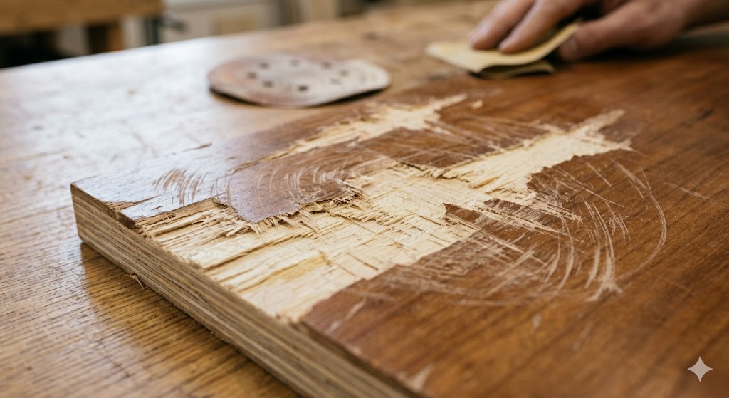 plywood sanded through veneer exposing inner layers