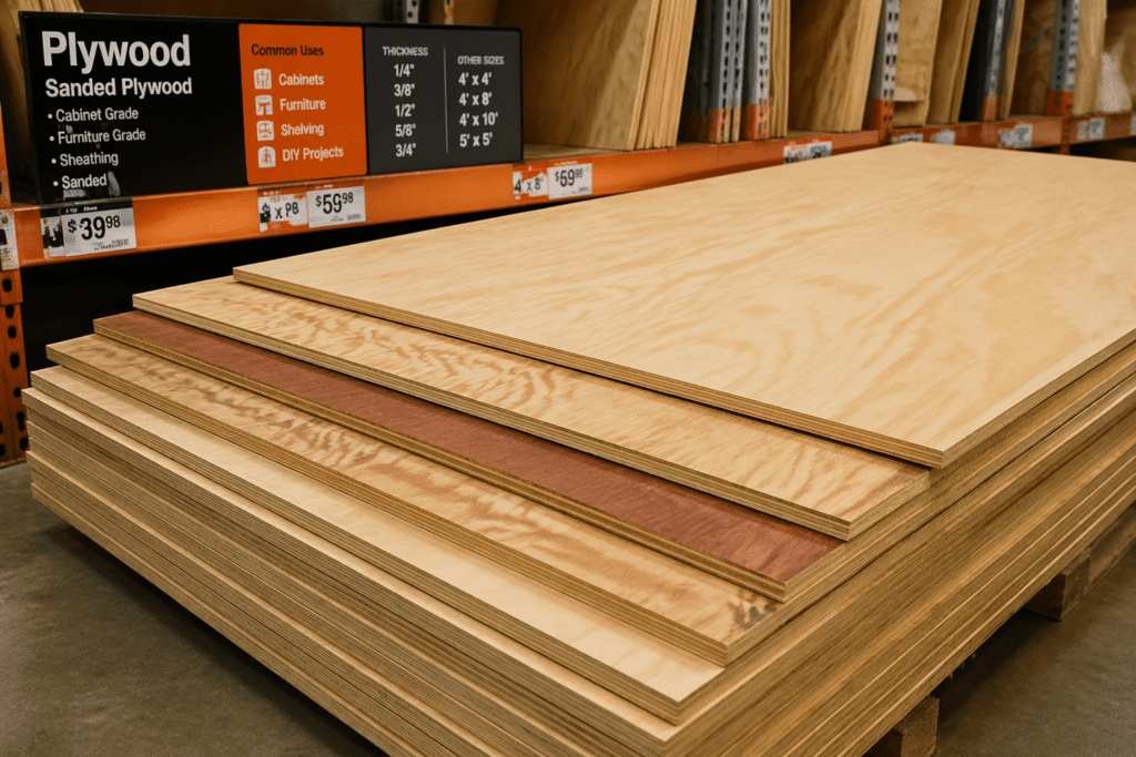 Stack of plywood sheets at hardware store displaying different types sizes and wood grain finishes